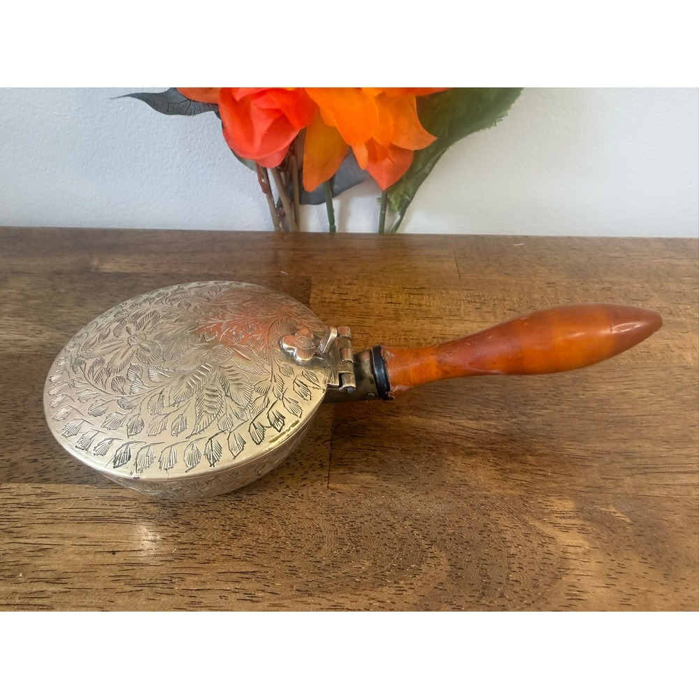 Vintage Engraved Brass Warming Pan Wood‎ Handle Floral Cottage Decor Farmhouse
